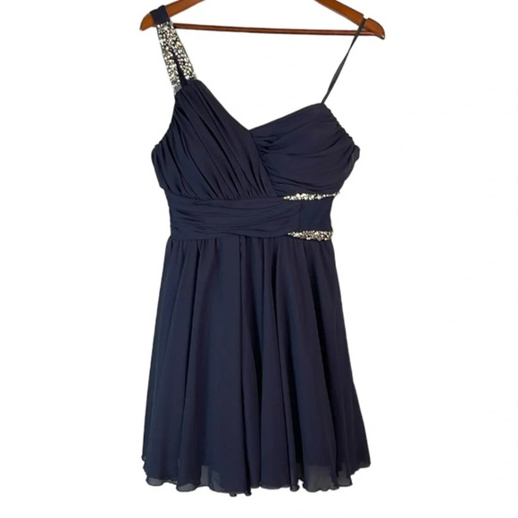 CITY STUDIO One Shoulder Embellished Prom Dress Navy Chiffon Crinoline *As is 13 - Picture 3 of 15